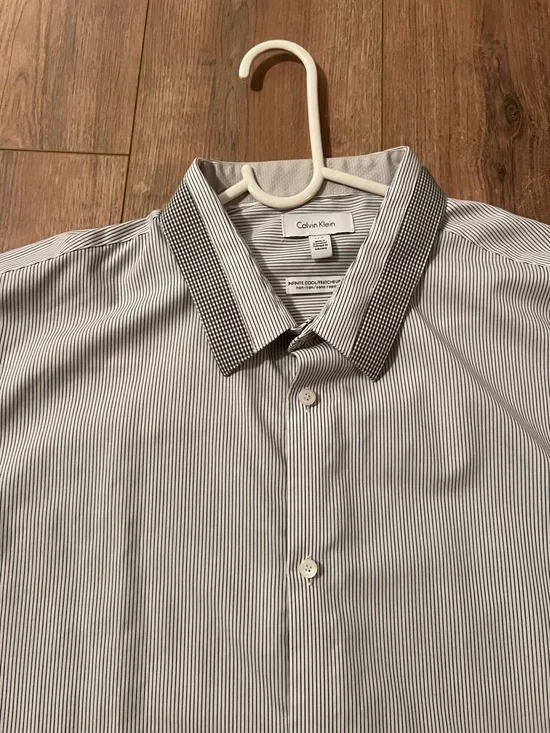 Calvin Klein Men's White and Black Stripe Dress Shirt with Contrast Collar/Cuffs - Picture 2 of 6